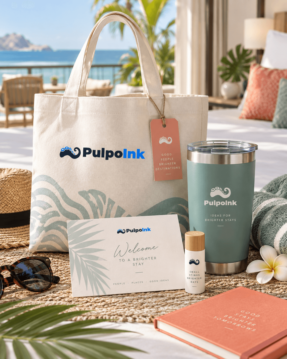 Tote bag, termo, tarjeta de bienvenida y libreta personalizados de PulpoInk sobre una cama de hotel frente al mar