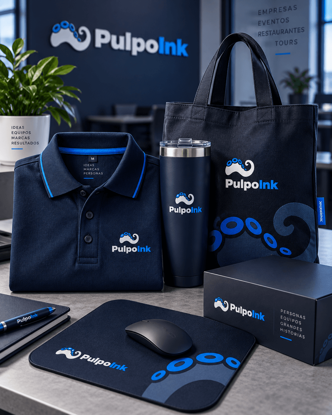 Polo, termo, tote bag, mousepad y caja personalizados de PulpoInk sobre el escritorio de una oficina