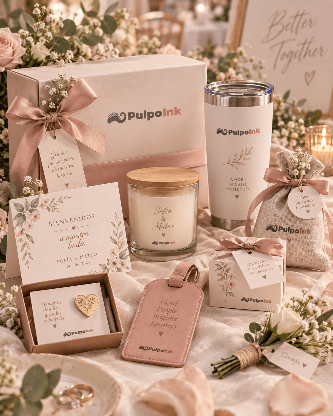 Caja de boda personalizada con vela, termo, etiqueta de equipaje, bolsita y tarjetas con los nombres de los novios