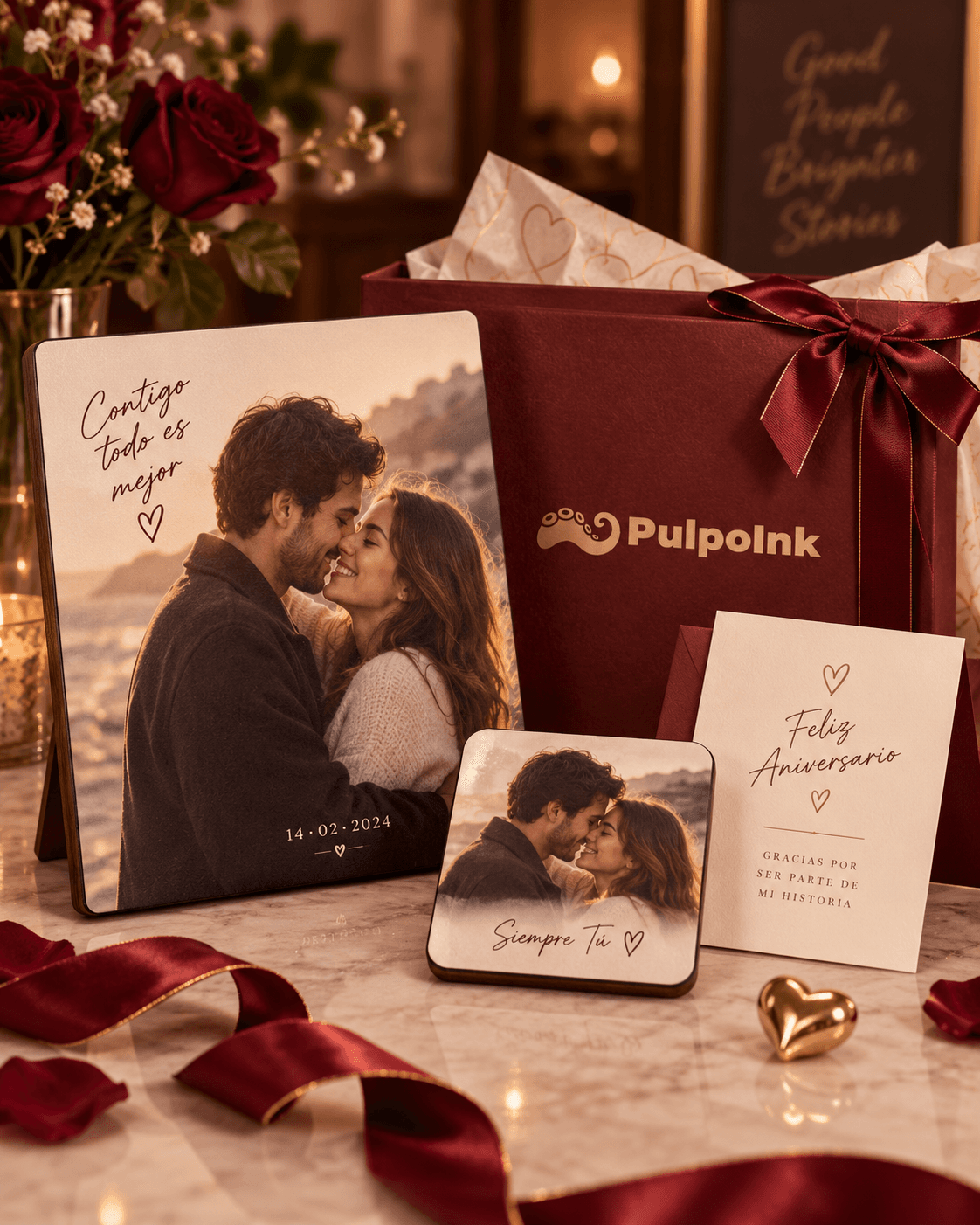 Placa y portavasos personalizados con la fotografía de una pareja, junto a una tarjeta de aniversario y una caja de regalo PulpoInk