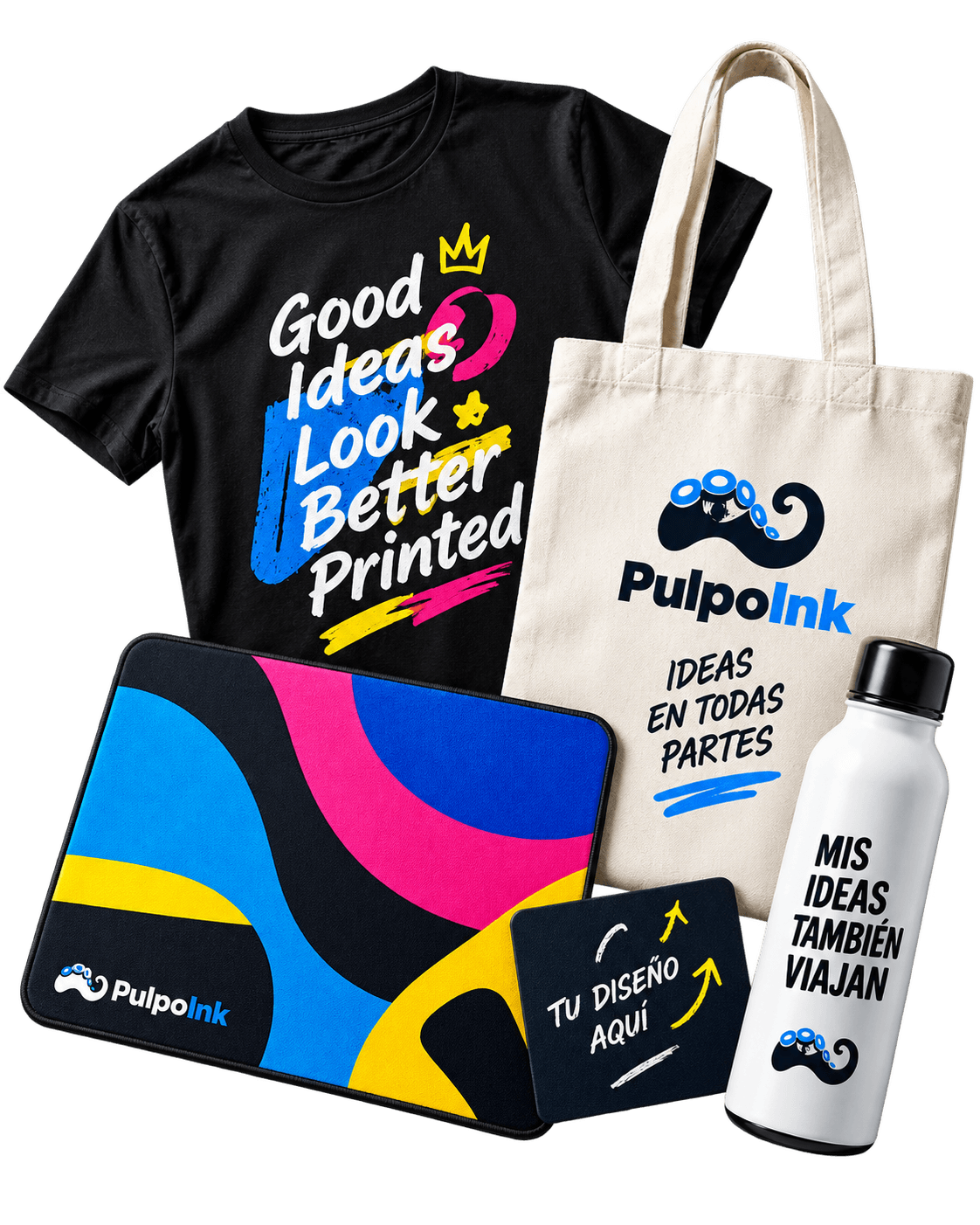 Playera negra, tote bag, mousepad y termo PulpoInk con diseños de campaña
